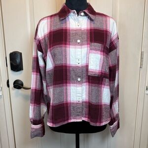 Loft Cropped Plaid Flannel Shirt - Maroon Pink White Sz M Button-up Pocket Soft
